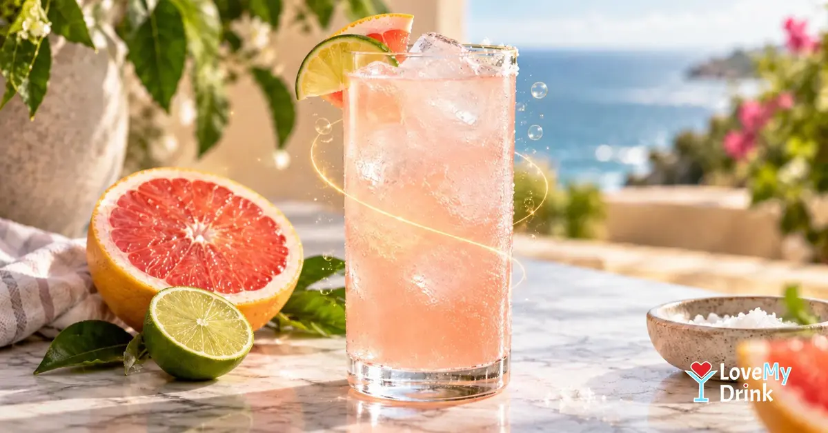 Non-alcoholic Paloma with grapefruit, lime, ice and soda in bright natural light.