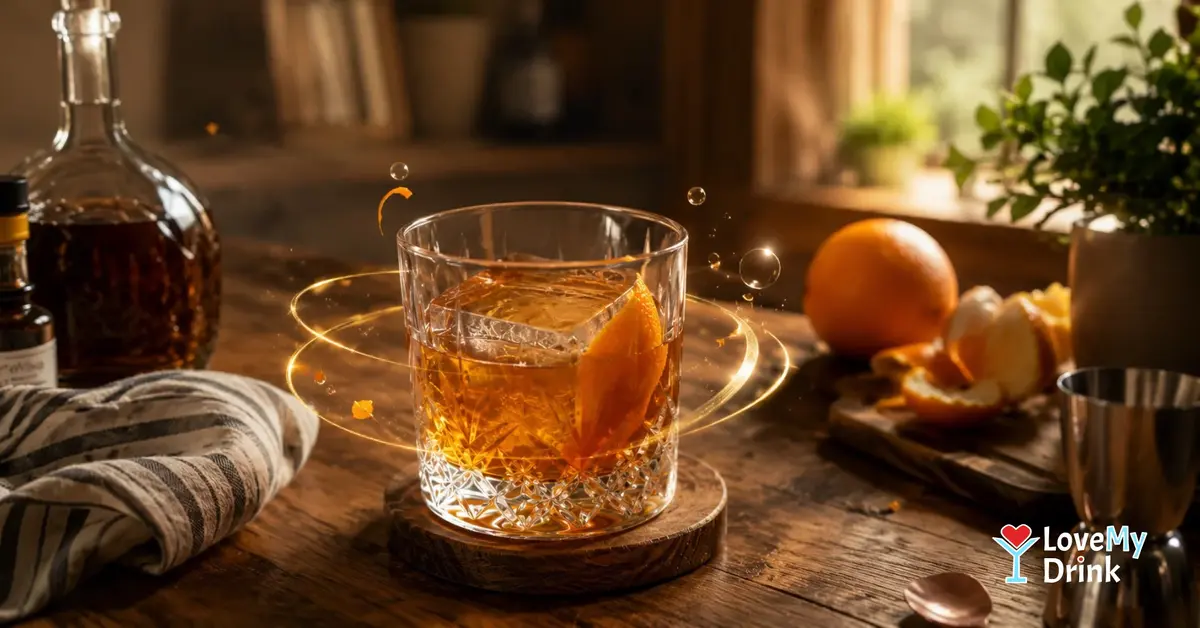 Old Fashioned with bourbon, large ice cube and orange peel on a warm home table.