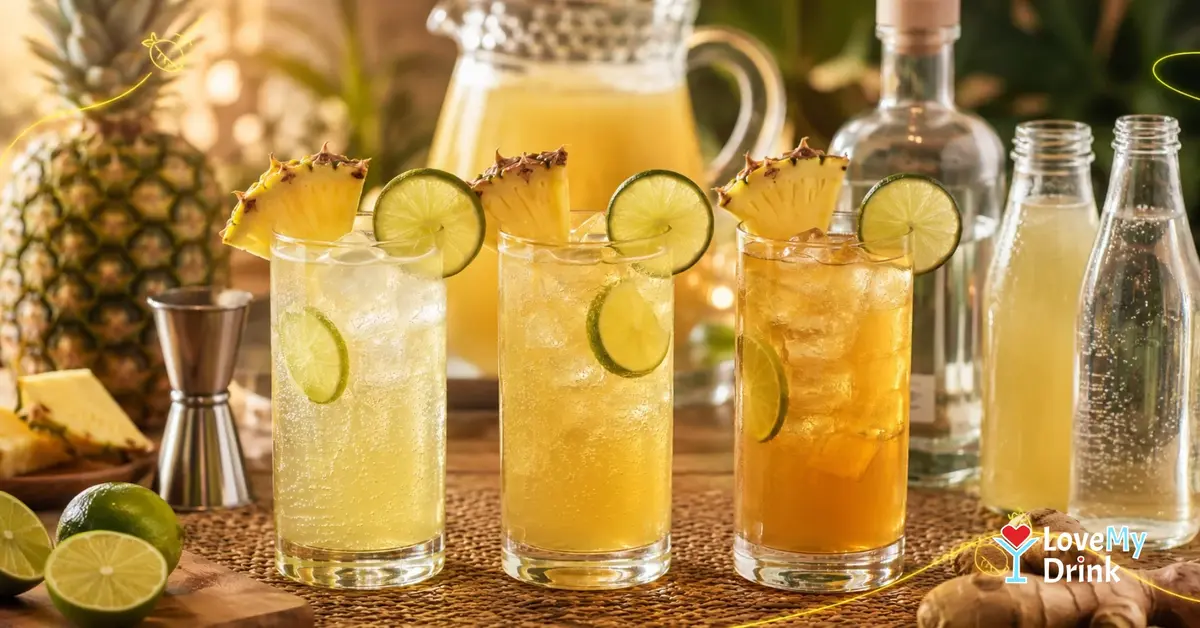 Three pineapple-lime ginger drinks in matching highball glasses, from 0% to full strength.