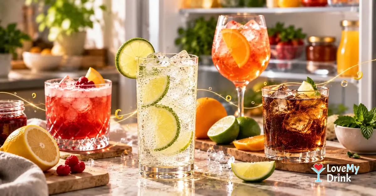 Four easy cocktails with citrus on a sunny kitchen counter with an open fridge in the background.