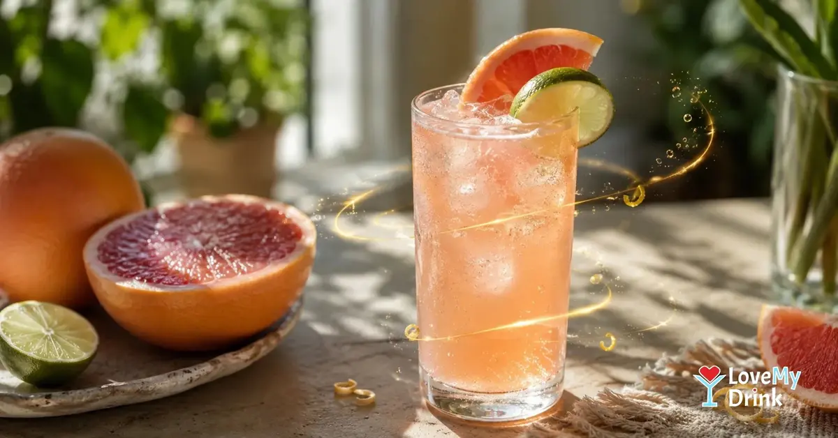 Fresh Paloma cocktail with grapefruit, lime, ice and golden lemon lines in natural sunlight.