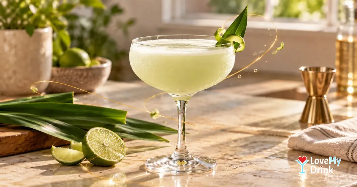 Pale green Pandan Daiquiri with lime and pandan leaves on a sunlit kitchen counter