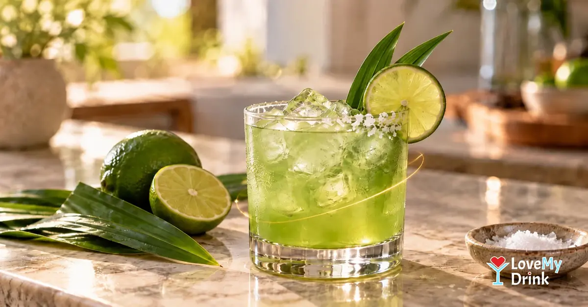 Green Pandan Margarita with lime, pandan leaves and a light salt rim in warm natural light