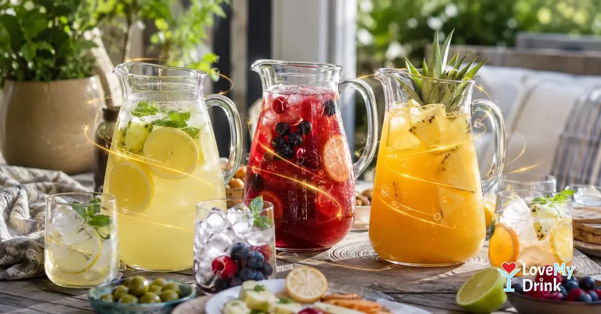 Easy party cocktails in pitchers on a casual table