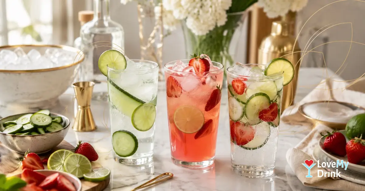 Two vodka cocktails and a strawberry-cucumber mocktail with lime and ice.