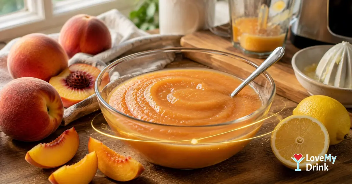 Homemade peach purée in a glass bowl with fresh peaches and lemon on a wooden kitchen counter.