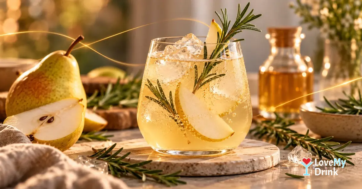 Sparkling pear and rosemary mocktail with ice and fresh pear slices in a stemmed glass on a warm autumn table.