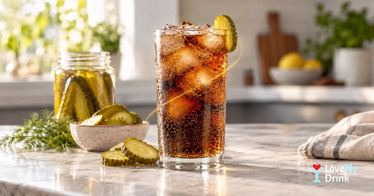 Iced pickle cola with dill pickle garnish, pickle slices and jar on a bright kitchen counter