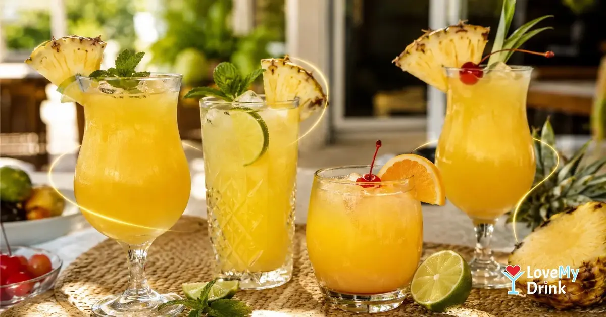 Colorful pineapple juice cocktails with tropical garnishes.