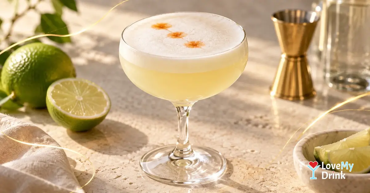 Pisco Sour cocktail with silky white foam and three bitters drops, served in a coupe with fresh limes in warm natural light.
