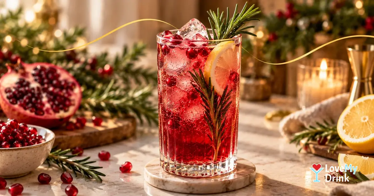 Tall ruby-red pomegranate rosemary mocktail with lemon, ice and fresh pomegranate on a warmly lit festive table.