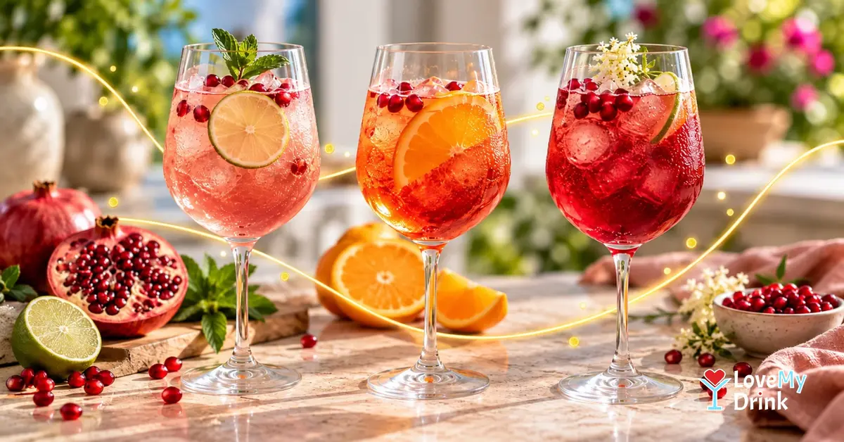 Three pomegranate spritz cocktails in wine glasses, styled from tart to sweet with subtle lemon lines.