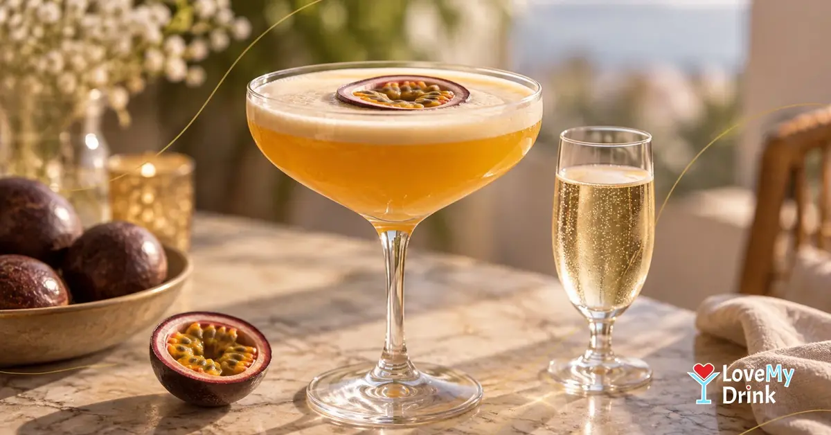 Pornstar Martini with passion fruit and a chilled Prosecco sidecar on a sunlit table