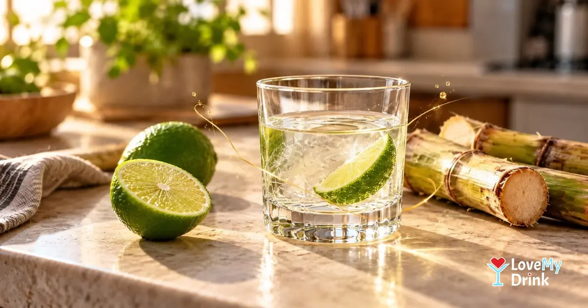 Clear rhum agricole Ti' Punch with fresh lime and sugarcane on a sunlit kitchen counter.