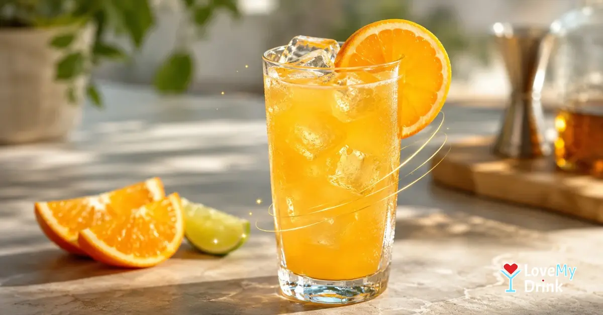 Rum and orange juice cocktail with ice, orange garnish and lime on a sunlit stone table.