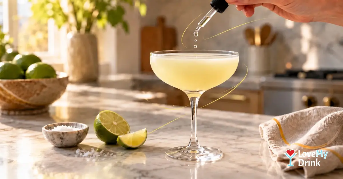 Pale citrus cocktail with saline drops, lime and salt on a sunlit kitchen counter