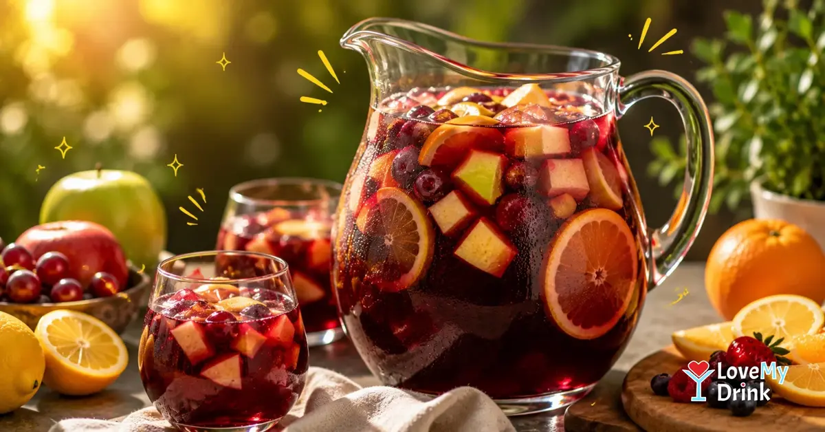 Glass pitcher of red sangria with citrus, apples and berries on a sunny table.
