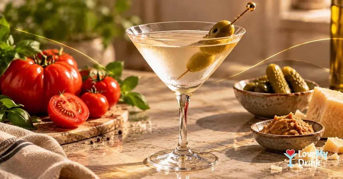Savoury Martini with olives, cornichons, tomatoes, Parmesan and miso on a sunlit kitchen counter.