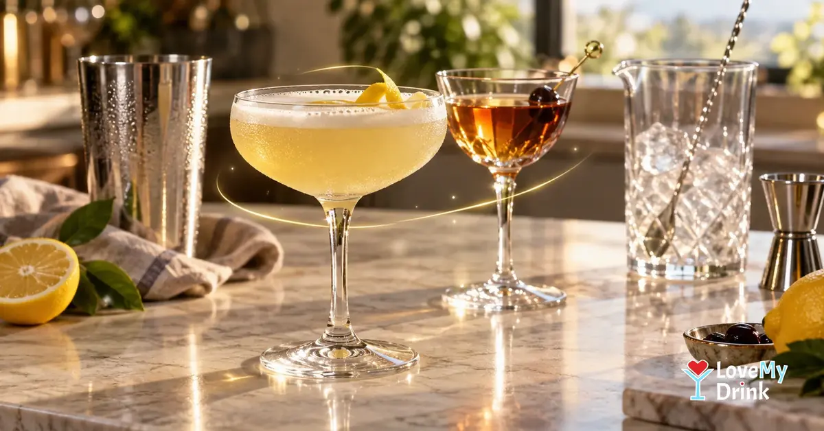 Shaken citrus cocktail beside a clear stirred cocktail with shaker, mixing glass and bar spoon.