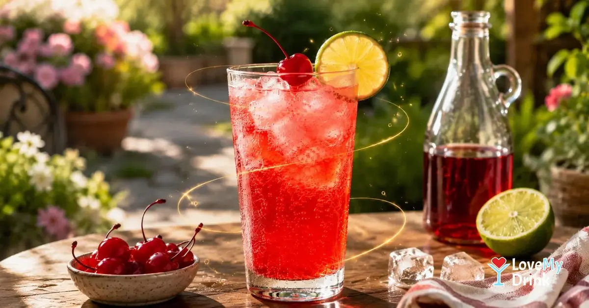 Shirley Temple mocktail with cherry, lime and ice in a sunny garden