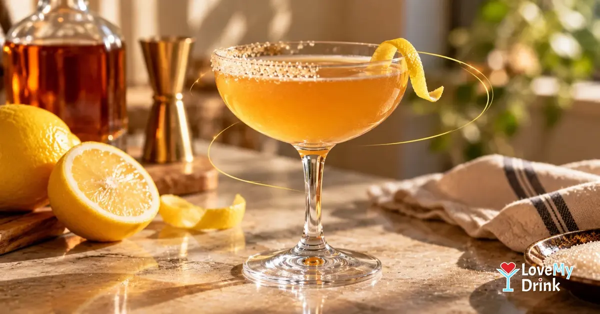 Classic Sidecar cocktail in a coupe with a half-sugared rim, lemon twist and fresh lemons in warm natural light.