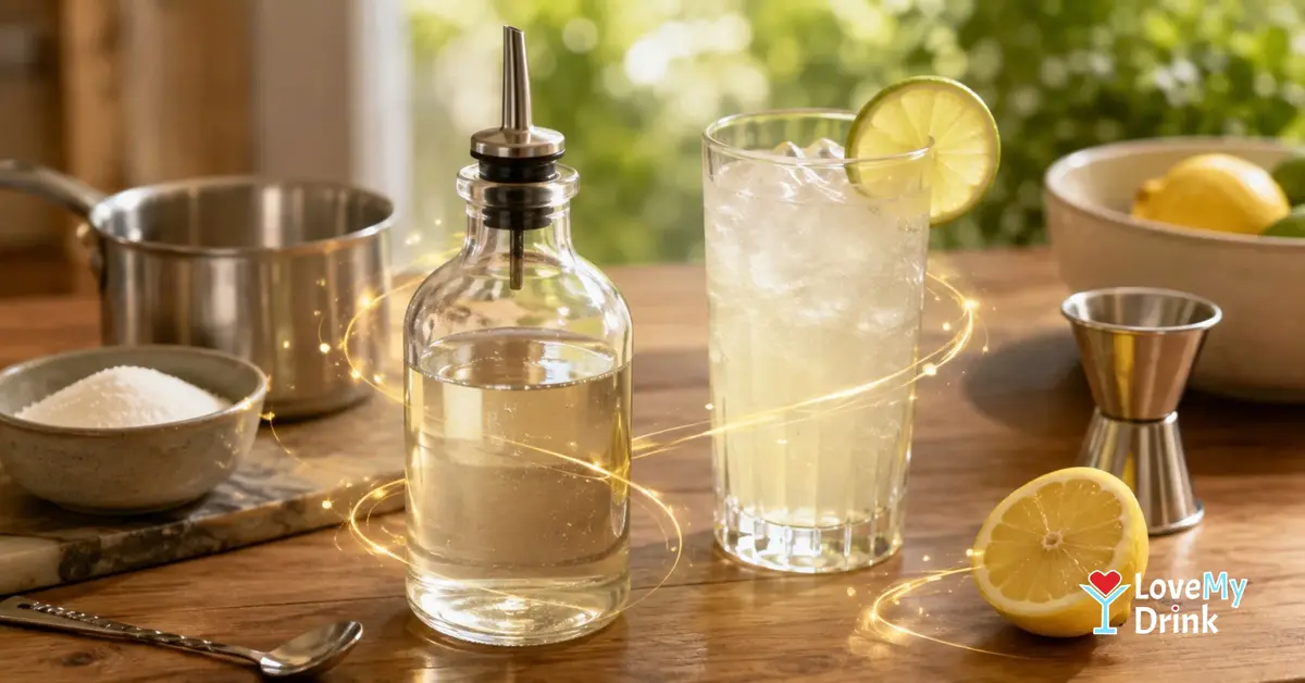 Homemade simple syrup beside a citrus highball, sugar and lemons with subtle golden lemon lines.