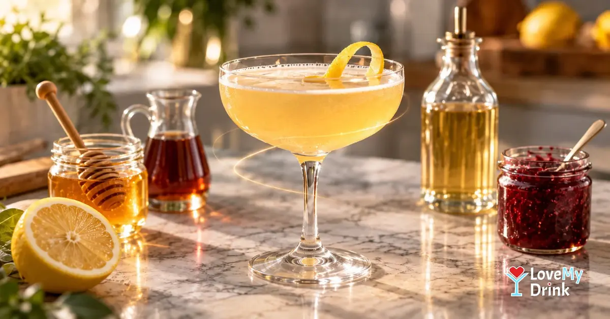 A citrus cocktail with honey, maple, agave and jam as simple syrup substitutes on a marble counter
