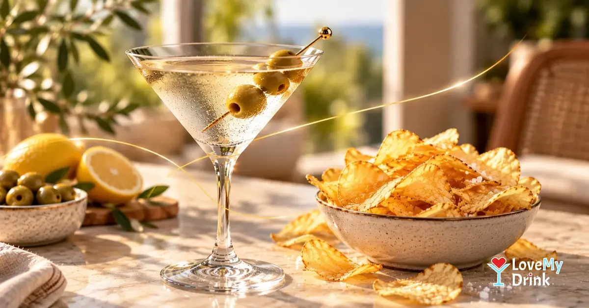 Chilled Martini with olives beside a bowl of golden potato chips on a bright marble table