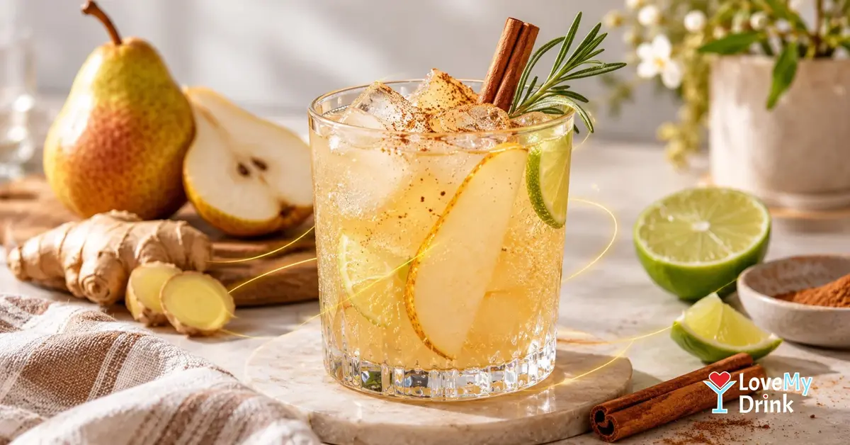 Spiced pear mocktail with ginger, lime, cinnamon and ice on a sunlit kitchen counter.