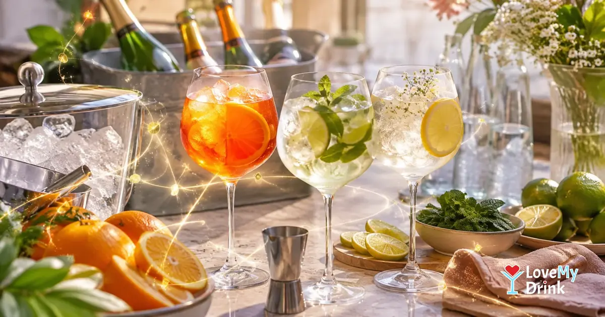 Self-serve spritz bar with Aperol, Hugo and alcohol-free elderflower spritzes, ice, citrus and mint.