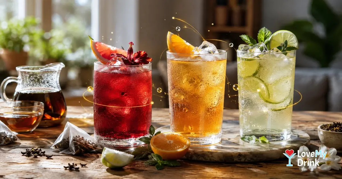 Three colorful tea mocktails with citrus, ice and subtle golden lemon-line accents