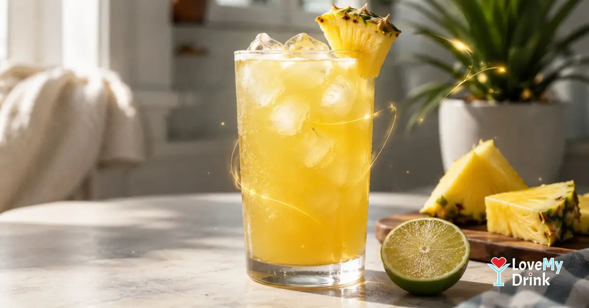 Tequila and pineapple juice cocktail over ice with fresh pineapple.