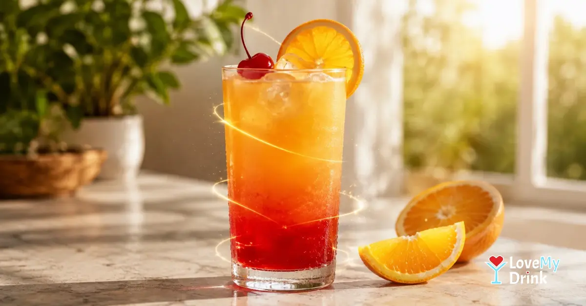 Tequila Sunrise cocktail with orange, cherry and vivid red-to-gold layers.