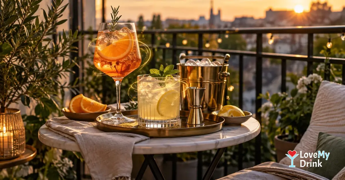 Tiny balcony cocktail bar with two drinks, ice bucket and tools on a small table at golden hour
