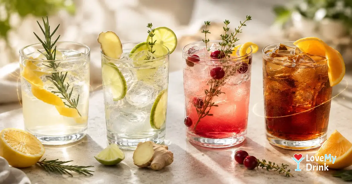Four colorful tonic water mocktails with citrus, herbs and ice in warm natural light.
