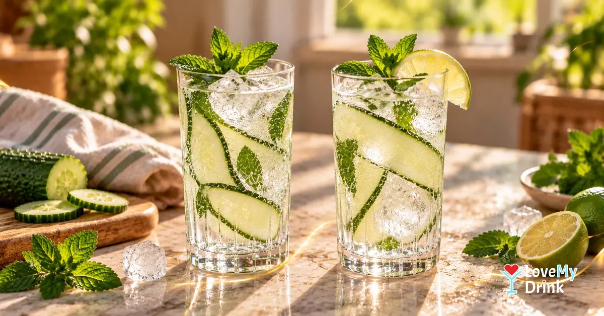 Two sparkling cucumber-lime mocktails with cucumber ribbons, fresh mint and ice on a sunlit kitchen counter.