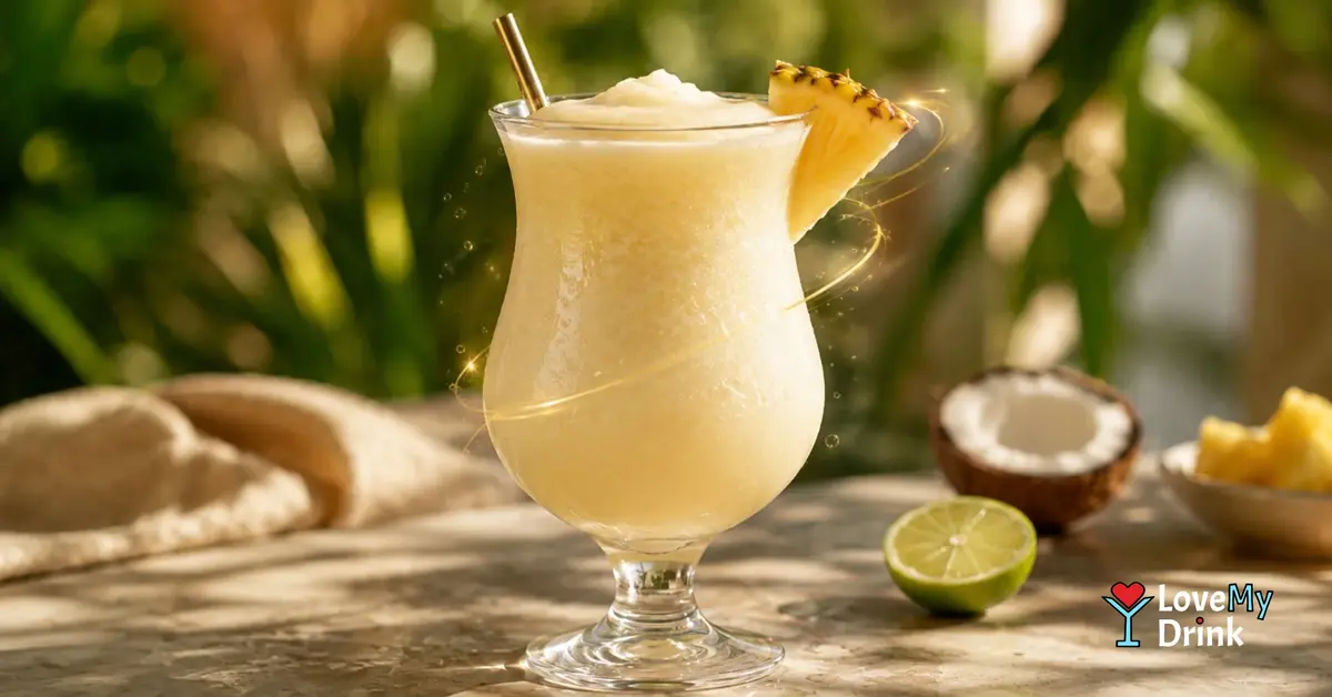 Creamy Virgin Piña Colada with pineapple, lime and coconut in warm tropical light