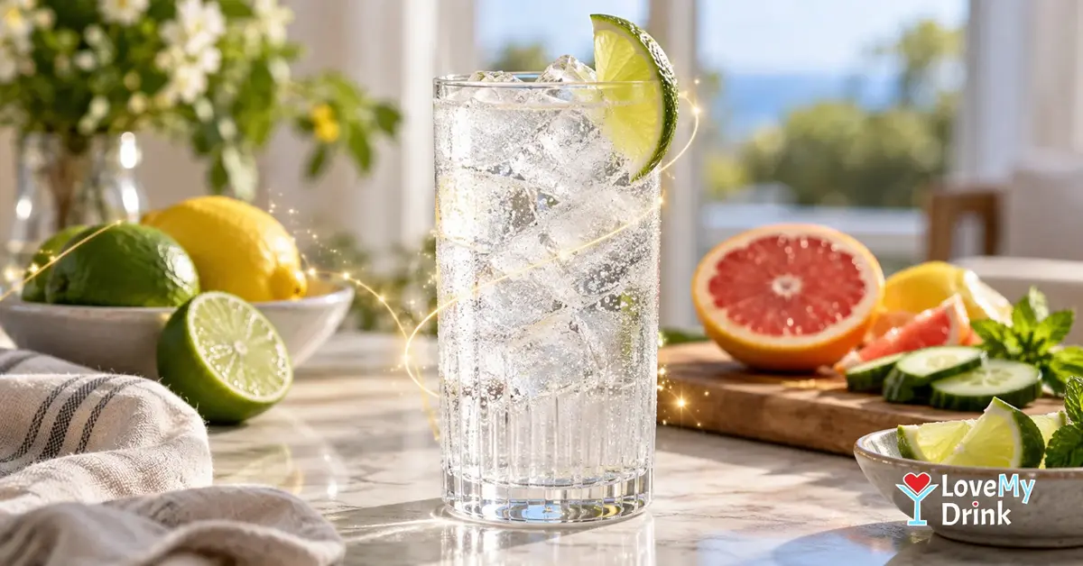 Crisp Vodka Soda with lime, ice and fresh citrus and cucumber.