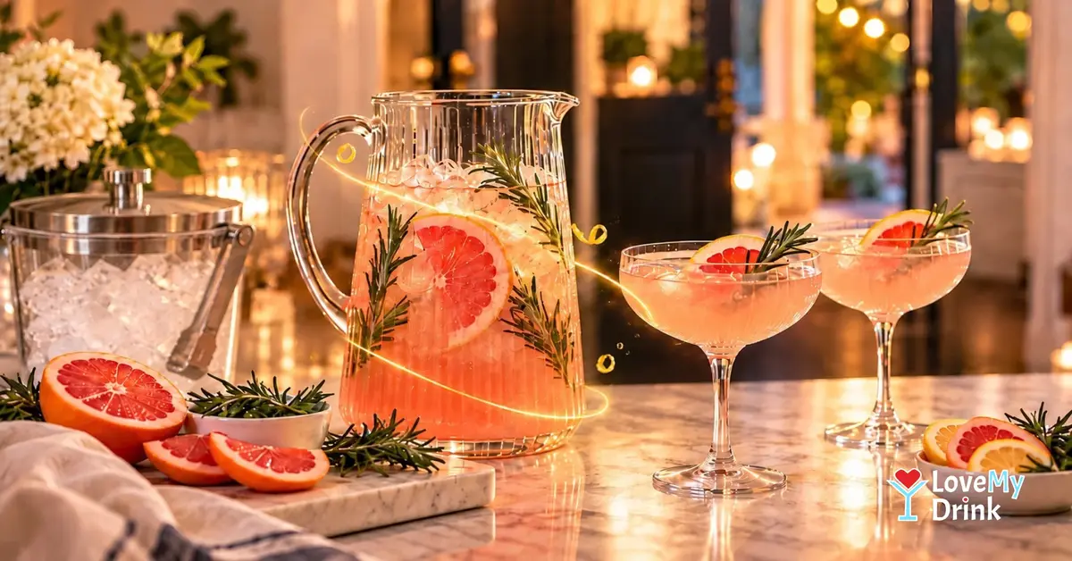 Grapefruit welcome drink pitcher with two coupe glasses, fresh ice and citrus ready for guests