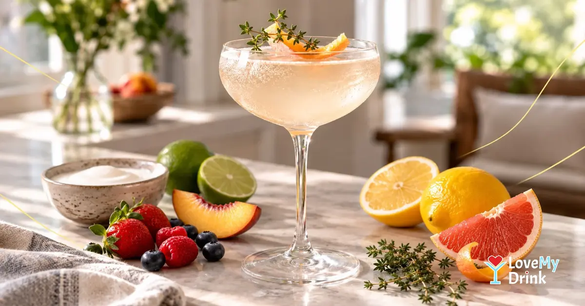 Sparkling cocktail with citrus, berries, herbs and cream on a sunlit table with subtle golden lemon lines.