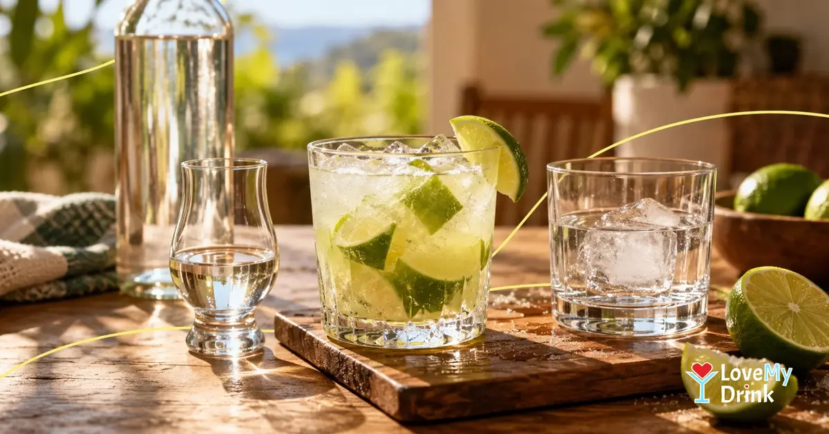 Cachaça served neat, over ice and in a fresh lime Caipirinha on a sunlit home table