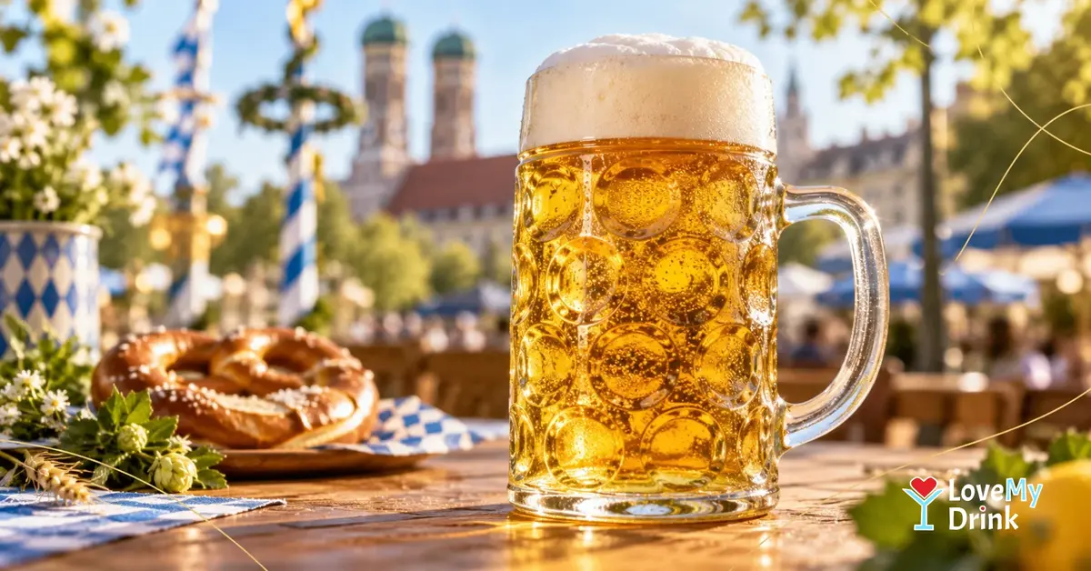 Golden Oktoberfest beer in a Maß mug with a pretzel and blue-and-white Bavarian details in Munich