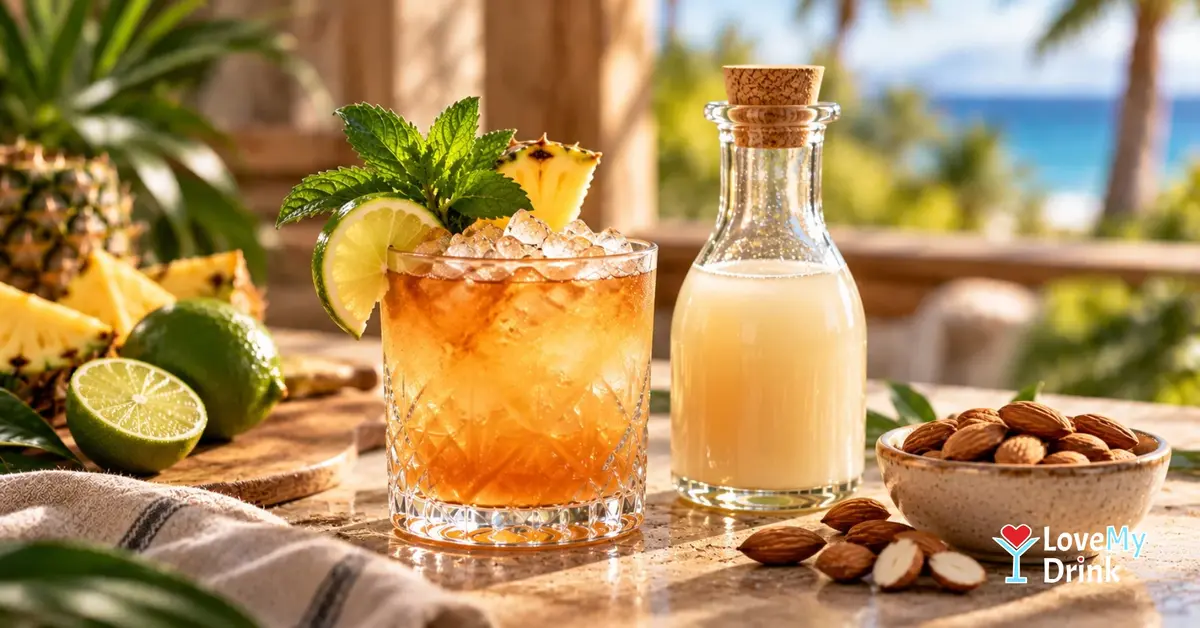 Mai Tai cocktail beside a bottle of creamy orgeat syrup, almonds and fresh lime in warm natural sunlight.