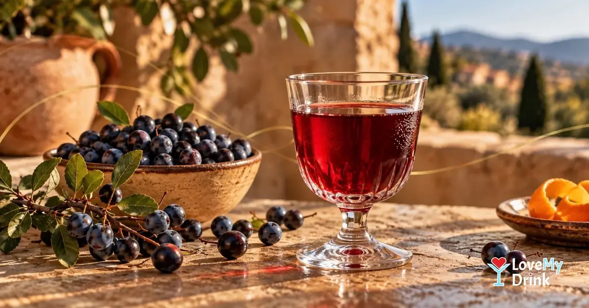 Ruby-red Pacharán served with dark sloe berries in a warm Spanish-inspired setting.
