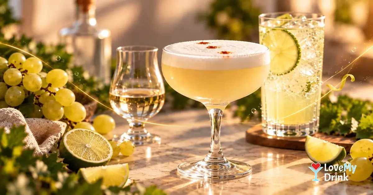 Pisco Sour with a neat pisco pour, a lime highball, grapes and citrus in warm golden light