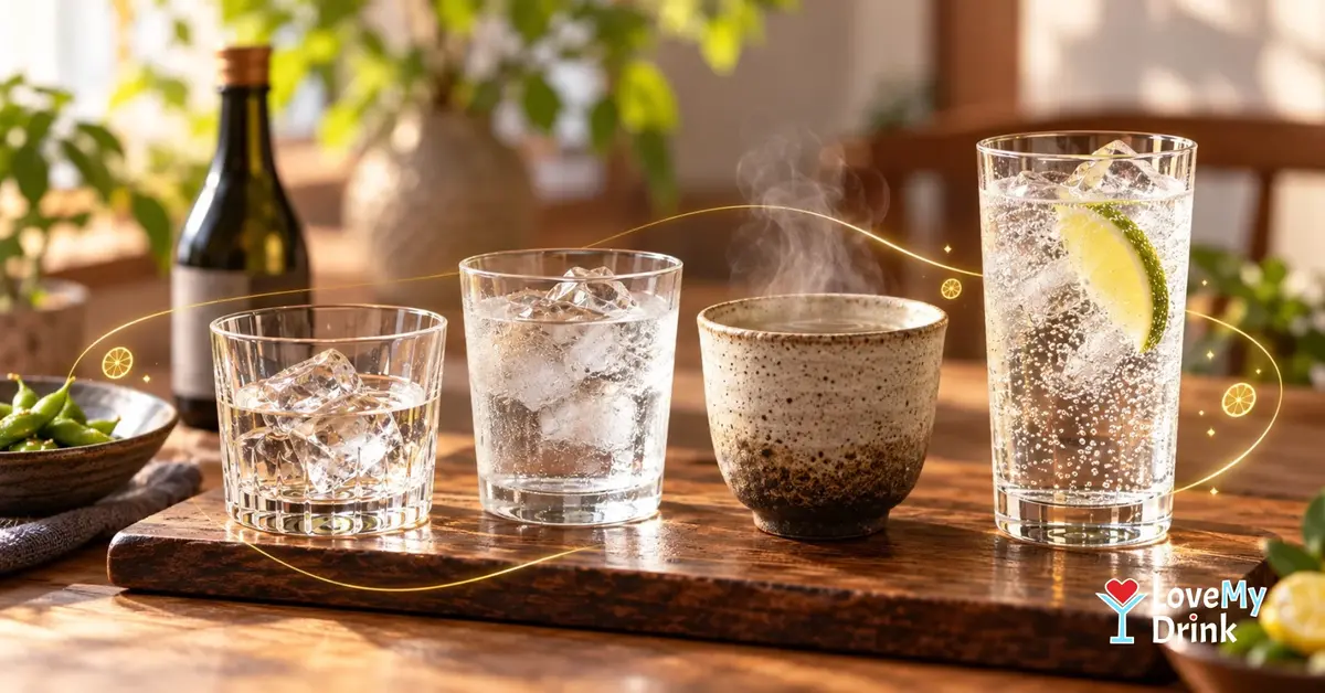 Four ways to drink shochu: over ice, with cold water, hot water and soda in a warm home setting