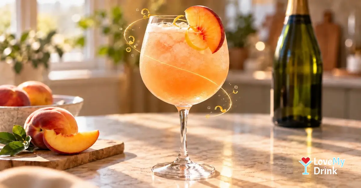 Peach Prosecco cocktail with fresh peach slices on a sunlit kitchen counter
