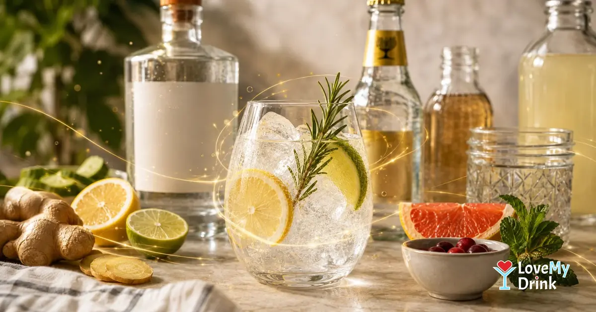 Gin and tonic with citrus, rosemary and assorted mixers, surrounded by glowing golden lemon lines.