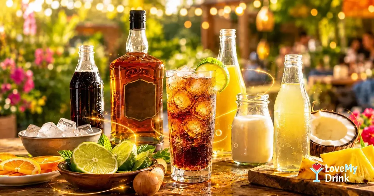 Rum with cola, lime, pineapple, coconut and ginger beer mixers