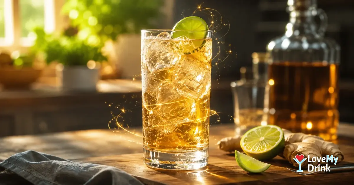 Whiskey Ginger with ice, lime and sparkling ginger ale on a warm wooden table.